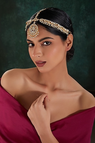 Gold Finish Kundan Polki & Green Beaded Mathapatti by Kreart