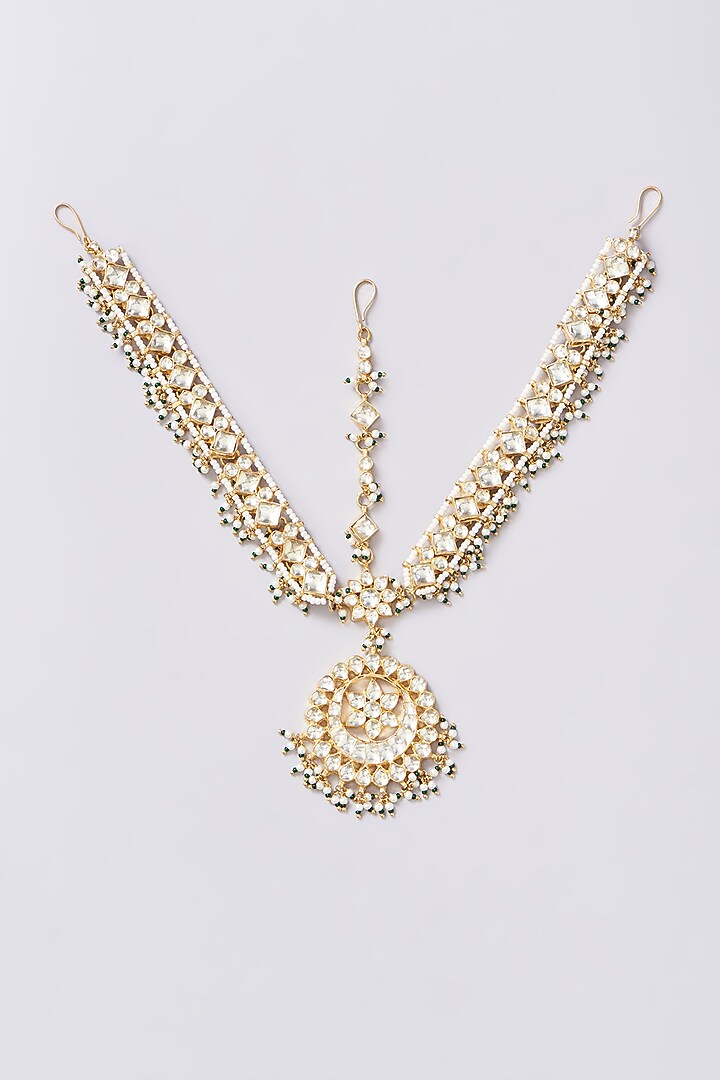 Gold Finish Kundan Polki & Green Beaded Mathapatti by Kreart at Pernia's Pop Up Shop