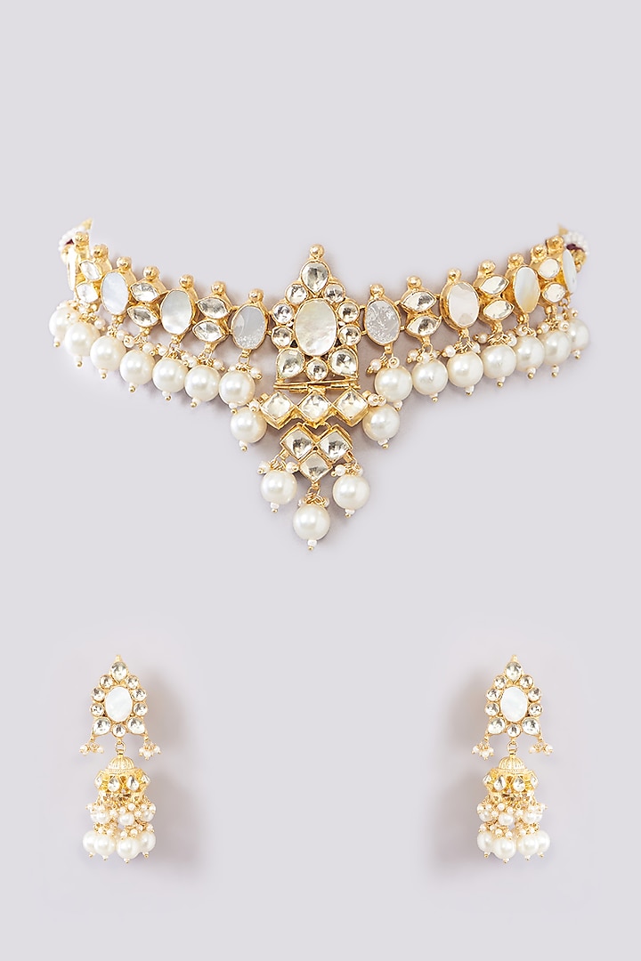 Gold Finish Kundan Polki & Pearl Beaded Choker Necklace Set by Kreart at Pernia's Pop Up Shop