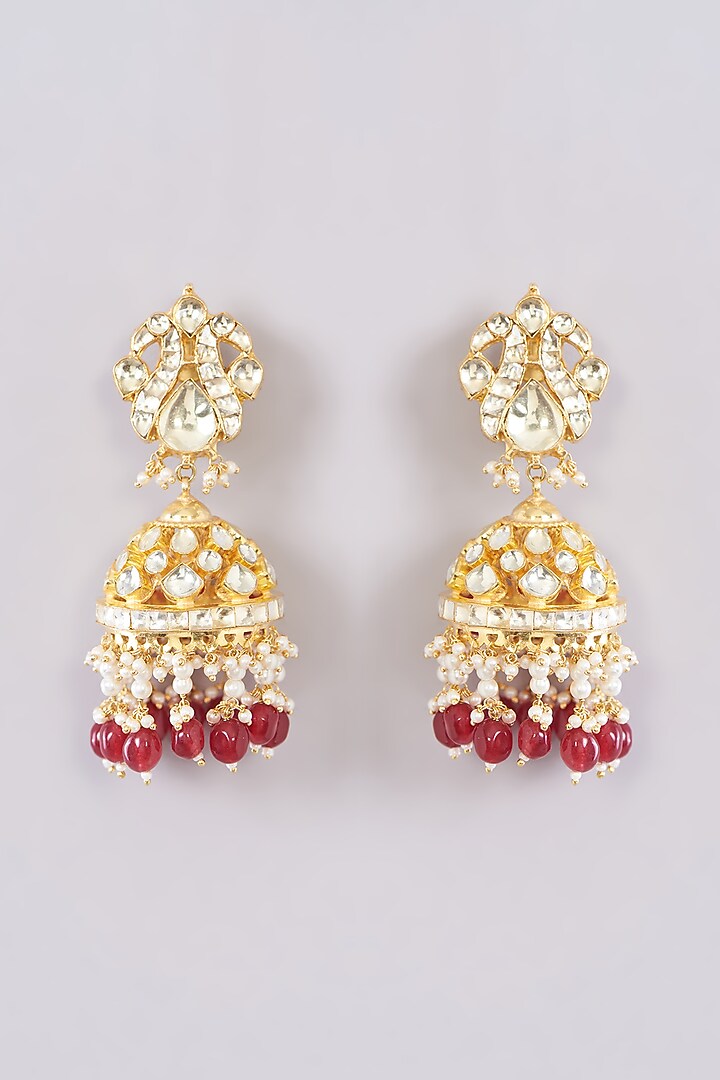 Gold Finish Kundan Polki & Pearl Beaded Jhumka Earrings by Kreart at Pernia's Pop Up Shop