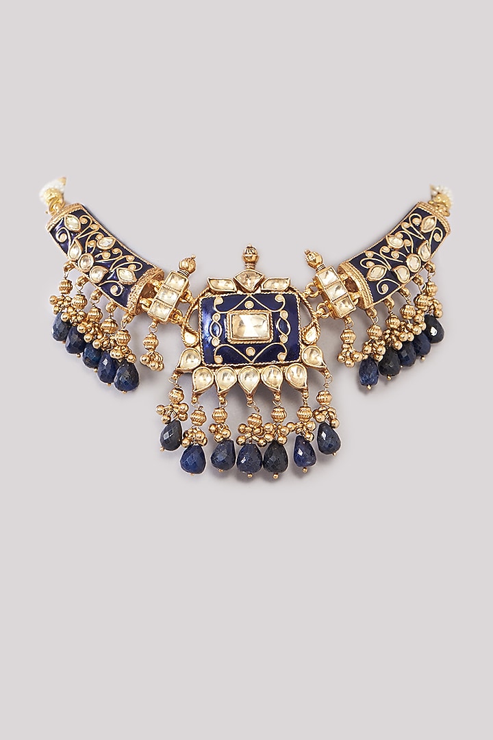 Gold Finish Kundan Polki & Blue Onyx Beaded Choker Necklace by Kreart at Pernia's Pop Up Shop