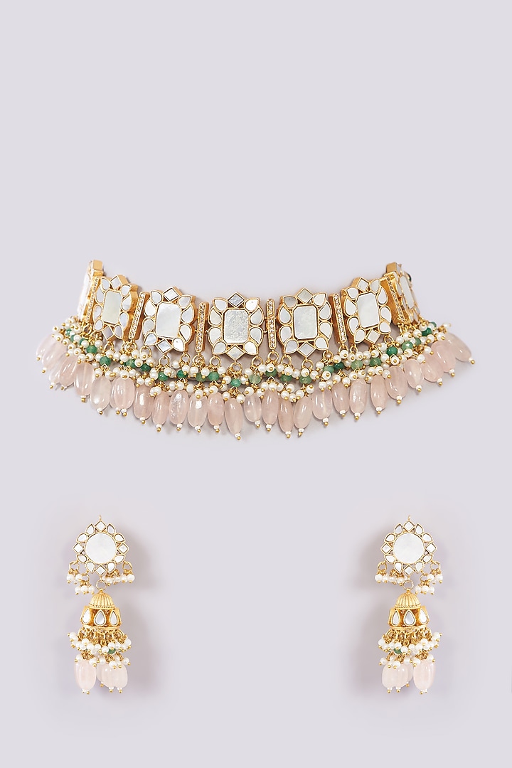 Gold Finish Kundan Polki & Multi-Colored Beaded Choker Necklace Set by Kreart at Pernia's Pop Up Shop