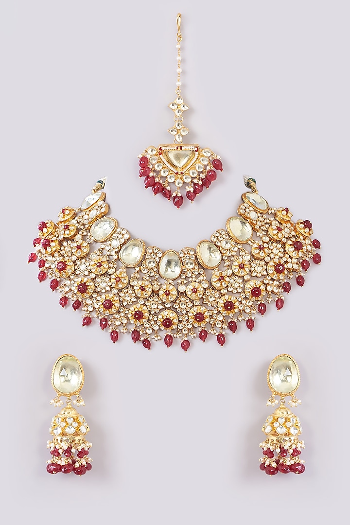 Gold Finish Kundan Polki & Red Stone Choker Necklace Set by Kreart at Pernia's Pop Up Shop
