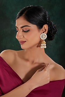 Gold Finish Kundan Polki & Pearl Beaded Jhumka Earrings by Kreart-DESIGNER EARRINGS