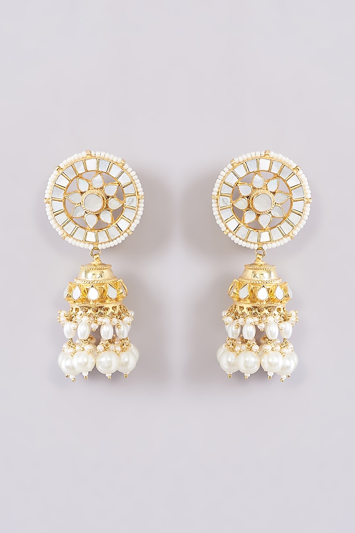 Gold Finish Kundan Polki & Pearl Beaded Jhumka Earrings by Kreart at Pernia's Pop Up Shop
