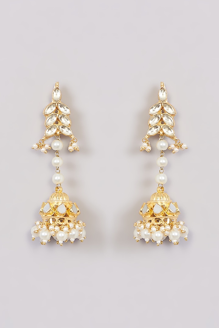 Gold Finish Kundan Polki & Pearl Beaded Jhumka Earrings by Kreart at Pernia's Pop Up Shop