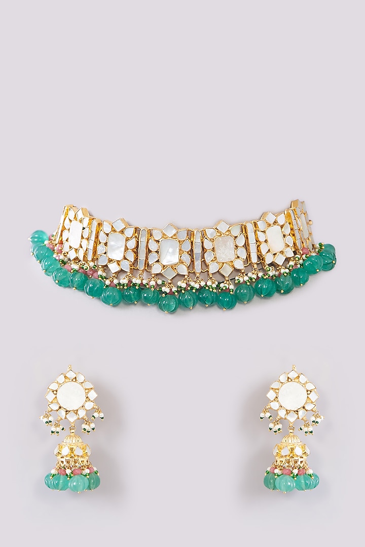 Gold Finish Kundan Polki & Green Beaded Choker Necklace Set by Kreart at Pernia's Pop Up Shop