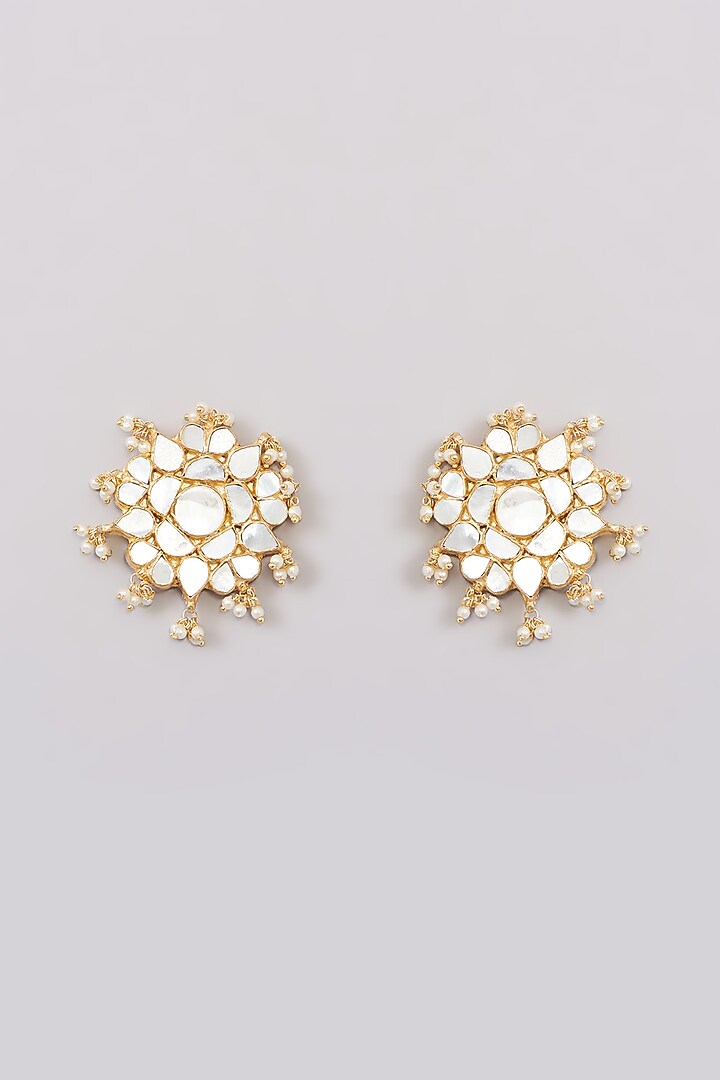 Gold Finish Mop Kundan Polki & Pearl Beaded Stud Earrings by Kreart at Pernia's Pop Up Shop