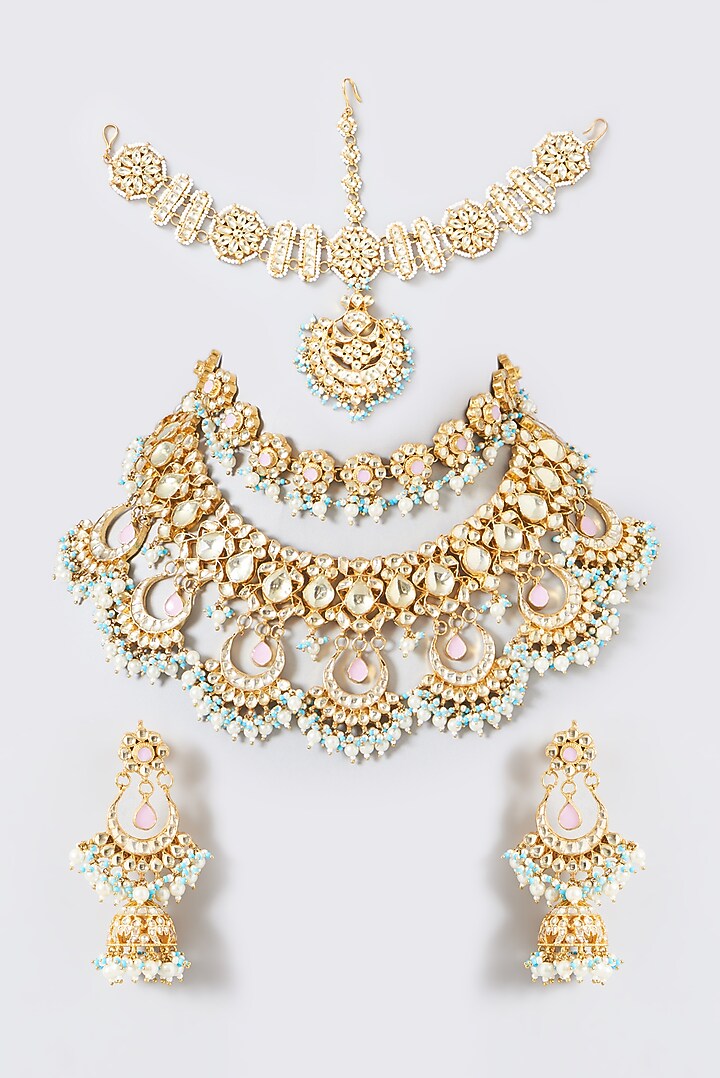Gold Finish Kundan Polki & Firoza Beaded Necklace Set by Kreart at Pernia's Pop Up Shop