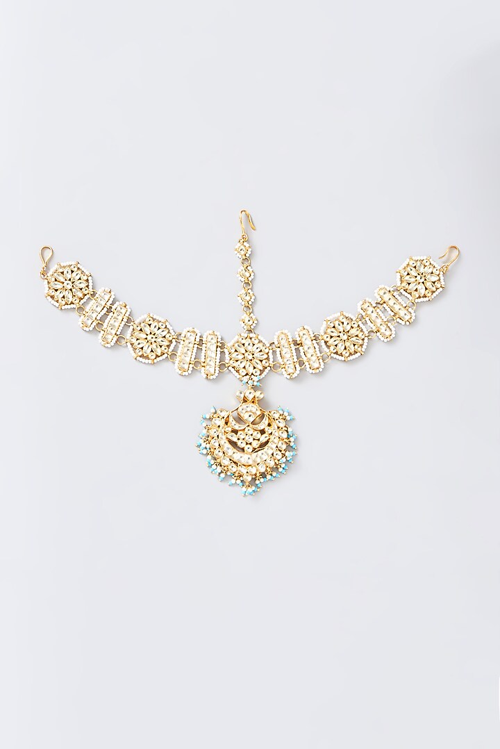 Gold Finish Kundan Polki & Firoza Beaded Necklace Set by Kreart at Pernia's Pop Up Shop