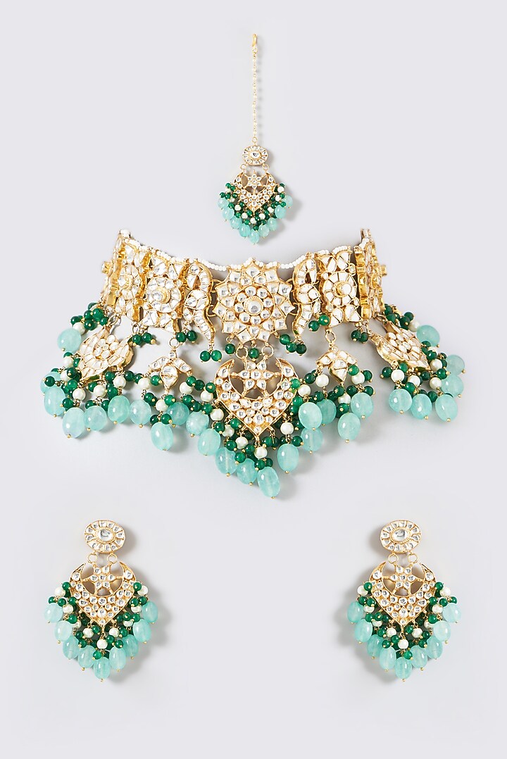 Gold Finish Kundan Polki & Green Beaded Choker Necklace Set by Kreart at Pernia's Pop Up Shop