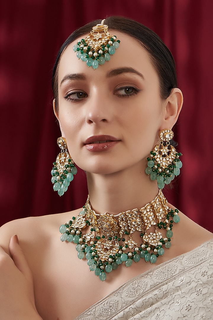 Gold Finish Kundan Polki & Green Beaded Choker Necklace Set by Kreart at Pernia's Pop Up Shop