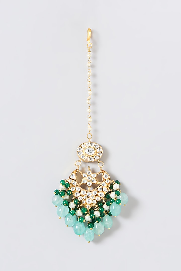 Gold Finish Kundan Polki & Green Beaded Choker Necklace Set by Kreart at Pernia's Pop Up Shop