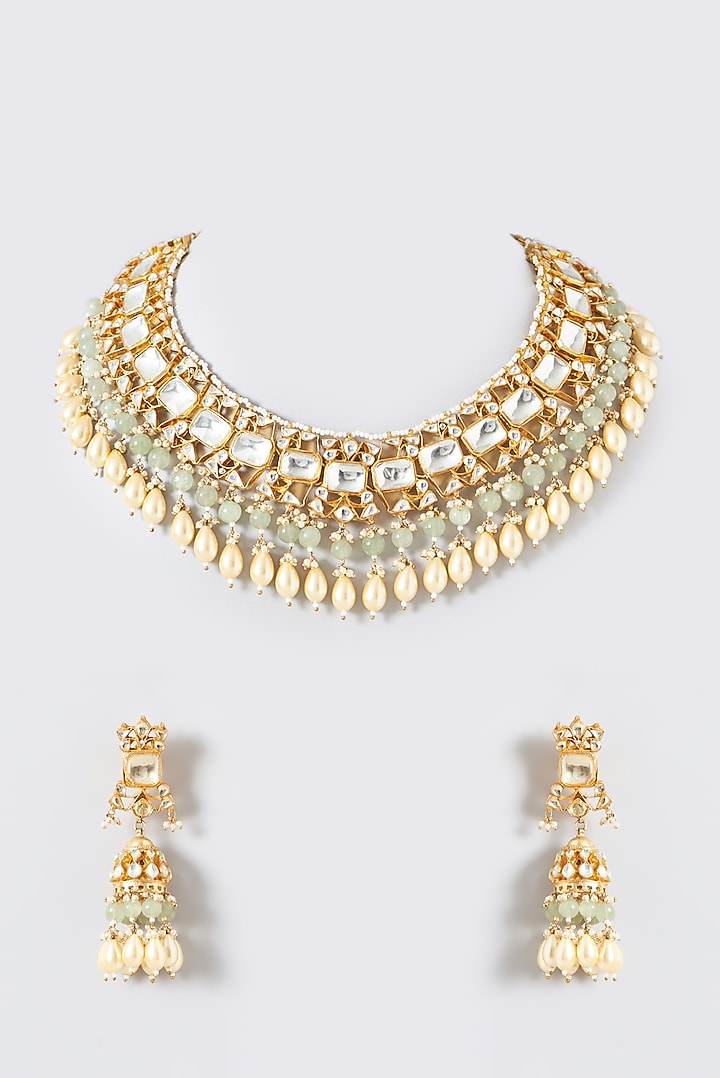 Gold Finish Kundan Polki & Gold Shell Pearl Choker Necklace Set by Kreart at Pernia's Pop Up Shop