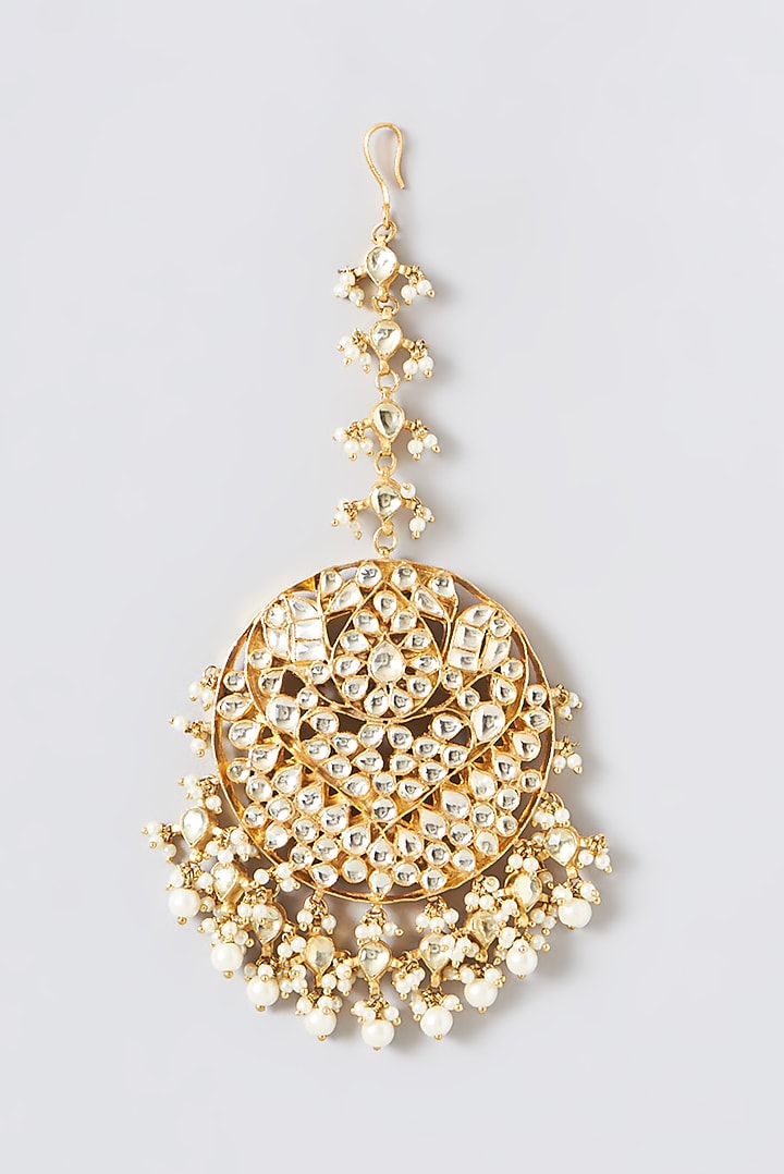 Gold Finish Kundan Polki & Pearl Maang Tikka by Kreart at Pernia's Pop Up Shop
