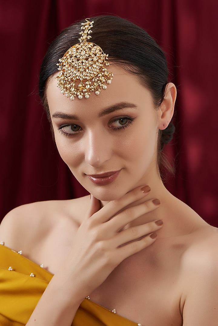 Gold Finish Kundan Polki & Pearl Maang Tikka by Kreart at Pernia's Pop Up Shop