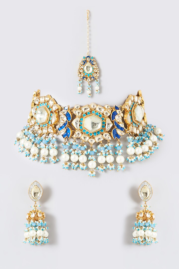 Gold Finish Kundan Polki & Blue Stone Choker Necklace Set by Kreart at Pernia's Pop Up Shop