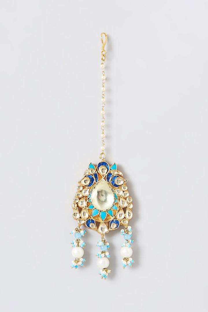 Gold Finish Kundan Polki & Blue Stone Choker Necklace Set by Kreart at Pernia's Pop Up Shop