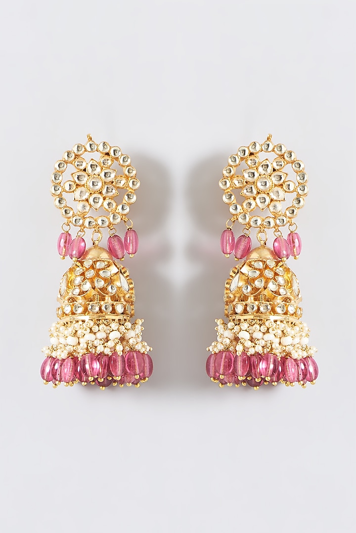 Gold Finish Kundan Polki & Tourmaline Beaded Jhumka Earrings by Kreart at Pernia's Pop Up Shop