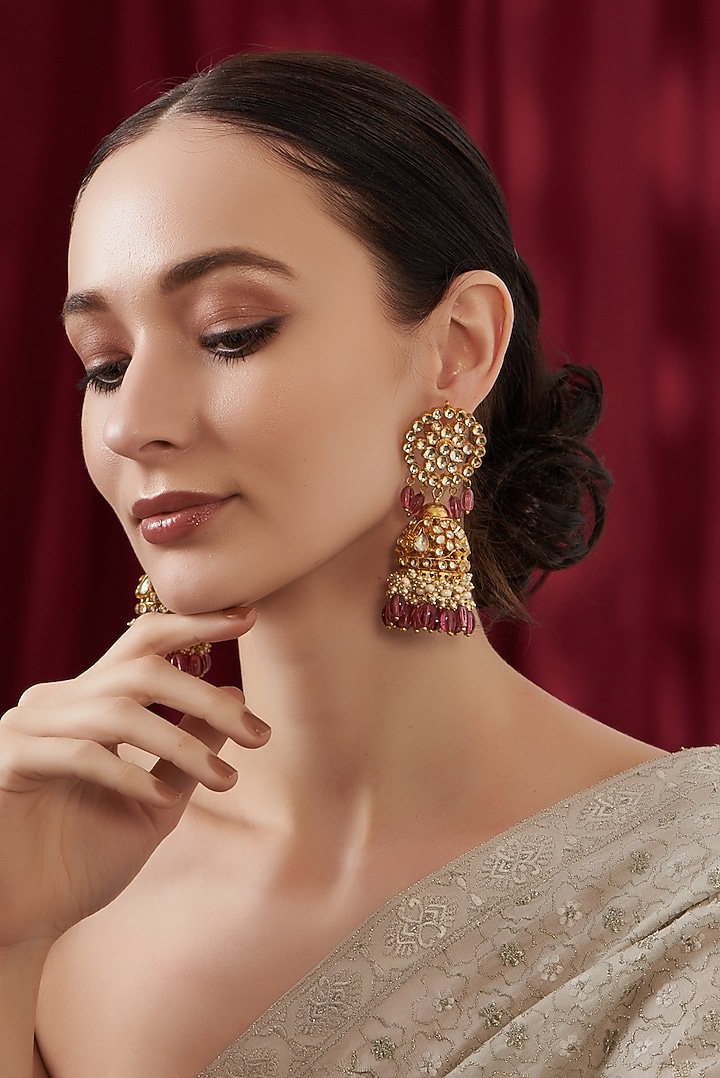 Gold Finish Kundan Polki & Tourmaline Beaded Jhumka Earrings by Kreart at Pernia's Pop Up Shop