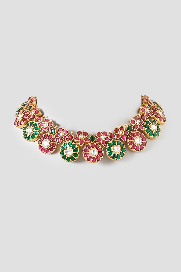 Gold Finish Kundan Polki & Ruby Choker Necklace by Kreart at Pernia's Pop Up Shop