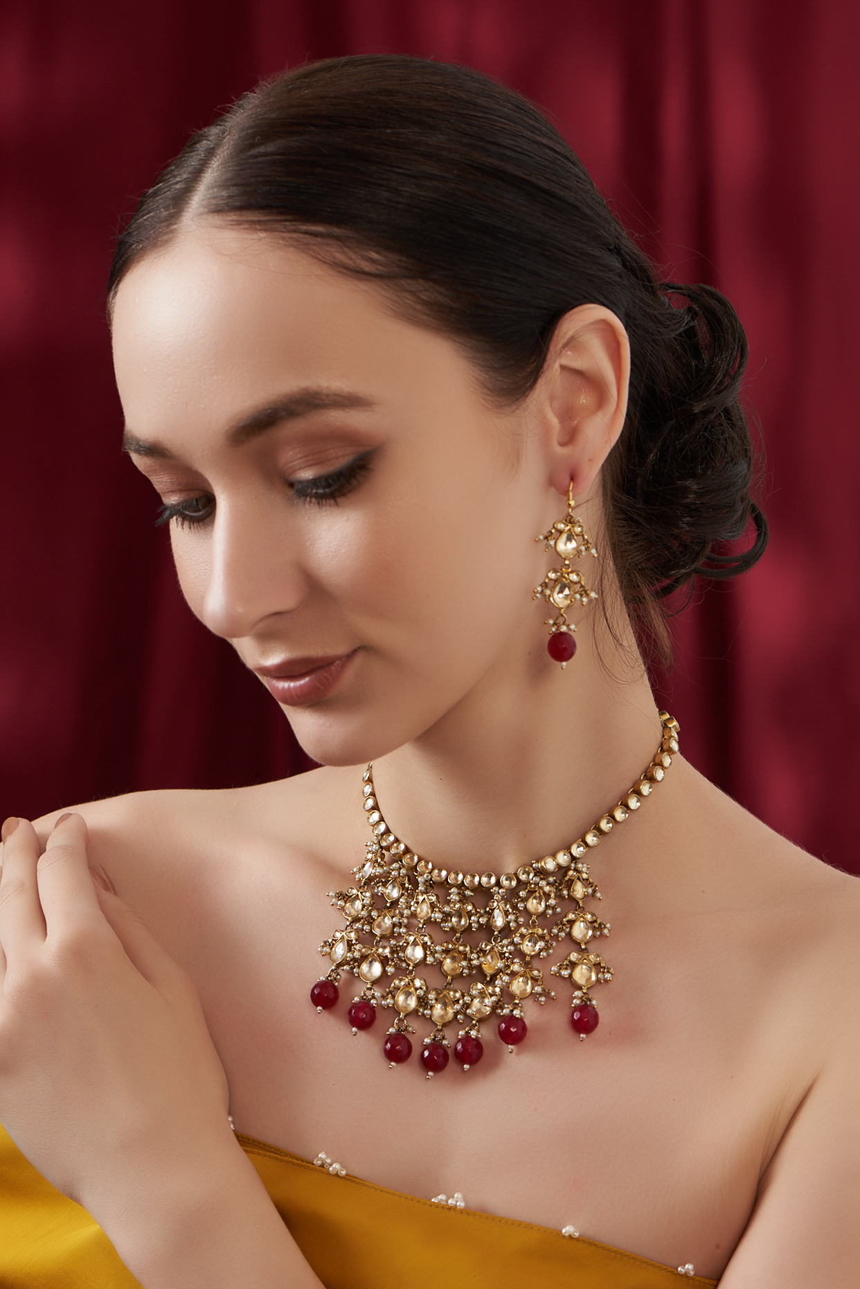 Gold Finish Kundan Polki Ruby Beaded Choker Necklace Set by Kreart at Pernia s Pop Up Shop
