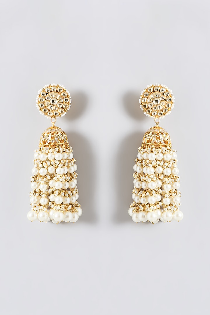 Gold Finish Kundan Polki & Pearl Beaded Jhumka Earrings by Kreart at Pernia's Pop Up Shop