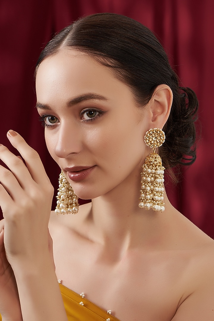 Gold Finish Kundan Polki & Pearl Beaded Jhumka Earrings by Kreart at Pernia's Pop Up Shop