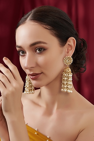 Gold Finish Kundan Polki & Pearl Beaded Jhumka Earrings by Kreart