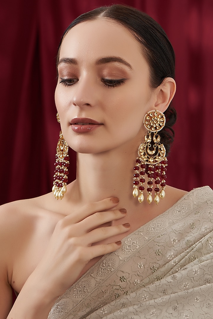 Gold Finish Kundan Polki & Ruby Chandbali Earrings by Kreart