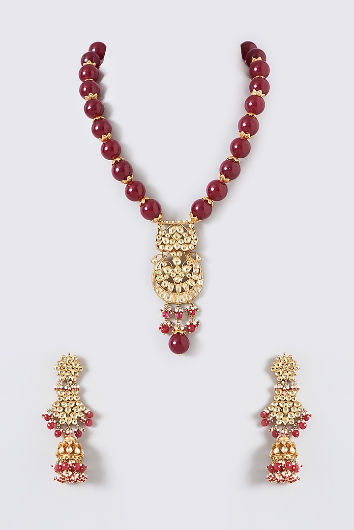 Gold Finish Kundan Polki & Ruby Tumble Long Necklace Set by Kreart at Pernia's Pop Up Shop