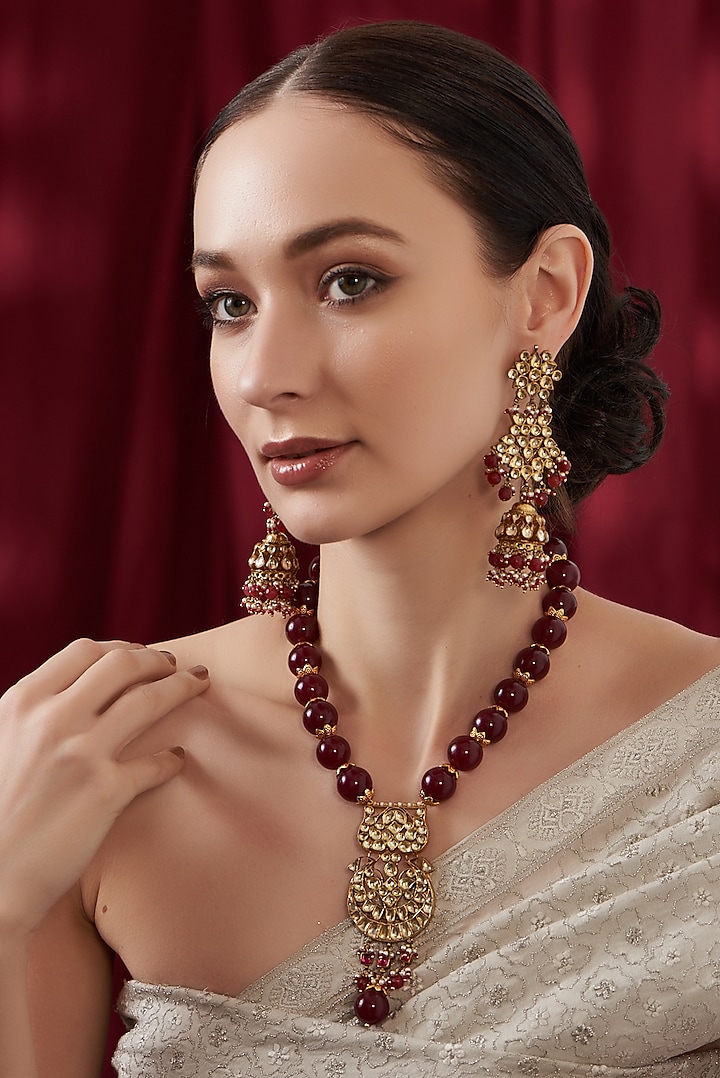 Gold Finish Kundan Polki & Ruby Tumble Long Necklace Set by Kreart