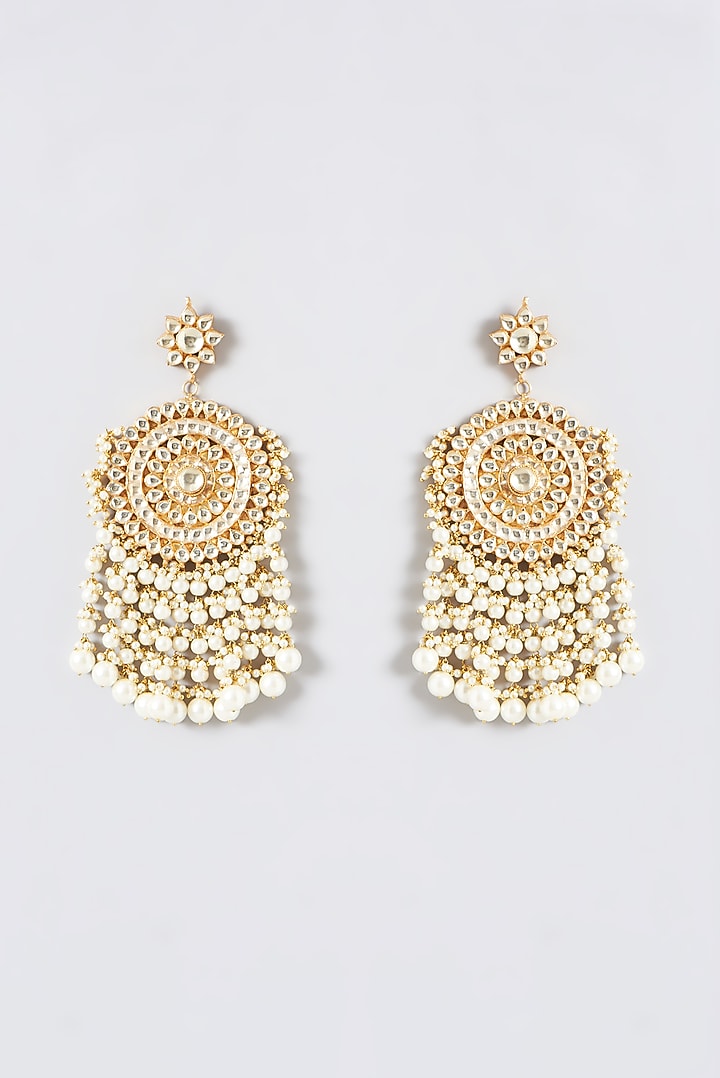Gold Finish Kundan Polki & Beaded Chandbali Earrings by Kreart at Pernia's Pop Up Shop