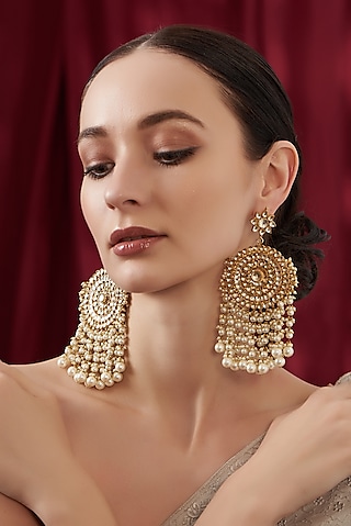 Gold Finish Kundan Polki & Beaded Chandbali Earrings by Kreart