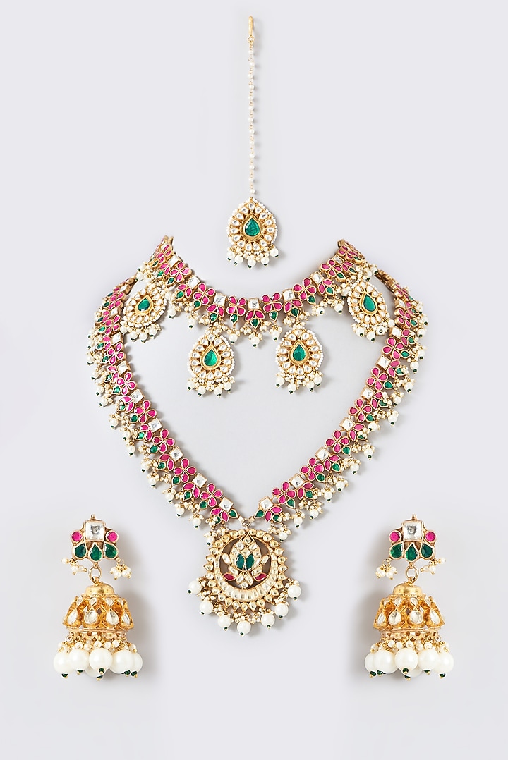 Gold Finish Multi-Colored Kundan Polki Long Necklace Set by Kreart at Pernia's Pop Up Shop