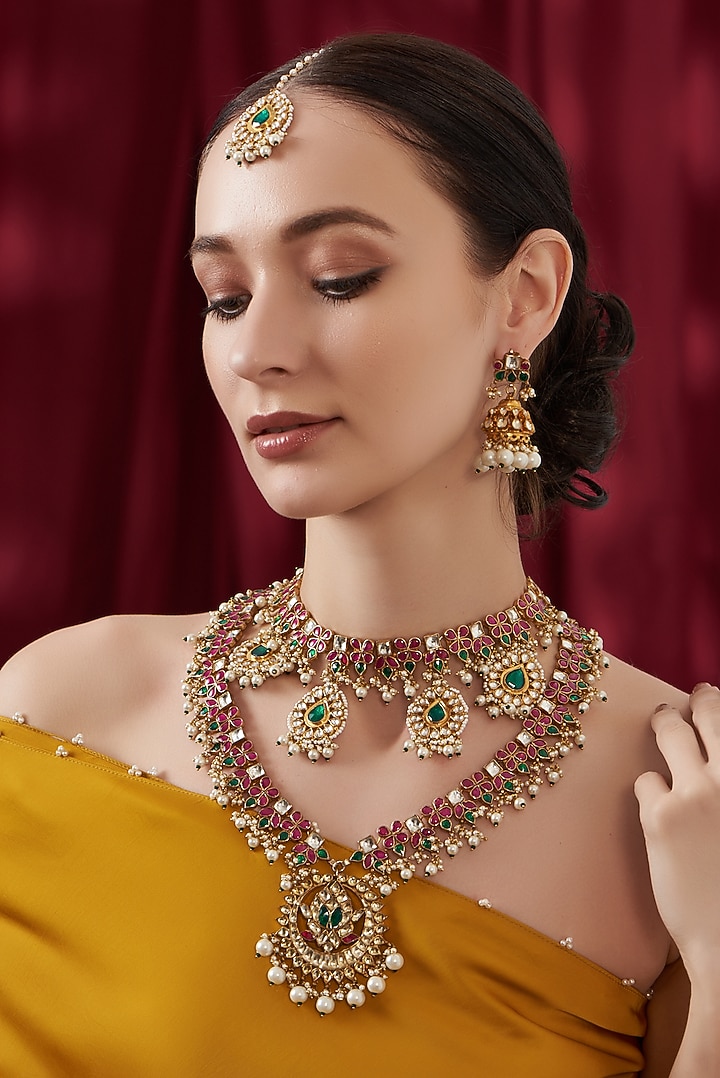 Gold Finish Multi-Colored Kundan Polki Long Necklace Set by Kreart at Pernia's Pop Up Shop