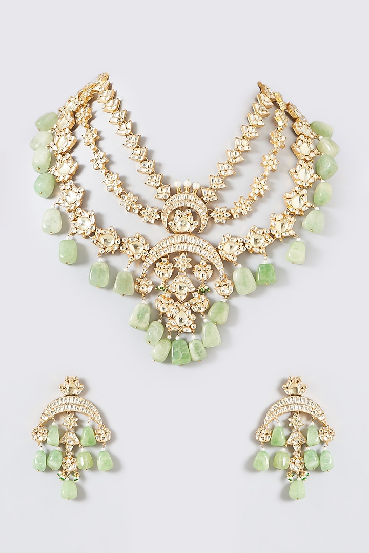 Gold Finish Kundan Polki & Green Tumble Long Necklace Set by Kreart at Pernia's Pop Up Shop