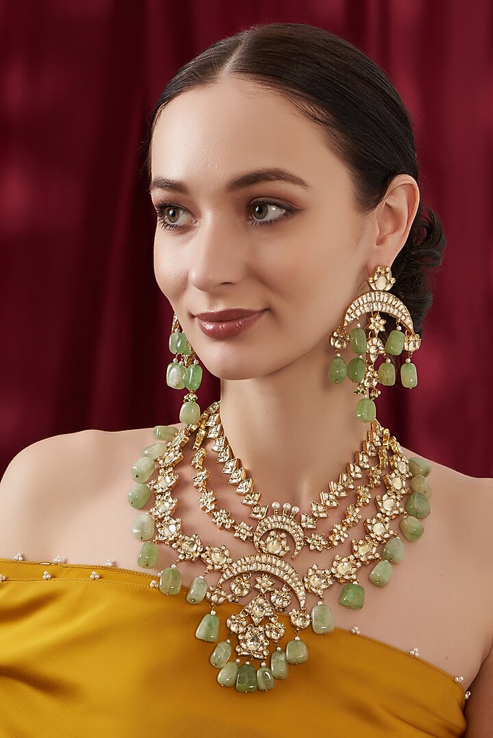 Gold Finish Kundan Polki & Green Tumble Long Necklace Set by Kreart at Pernia's Pop Up Shop