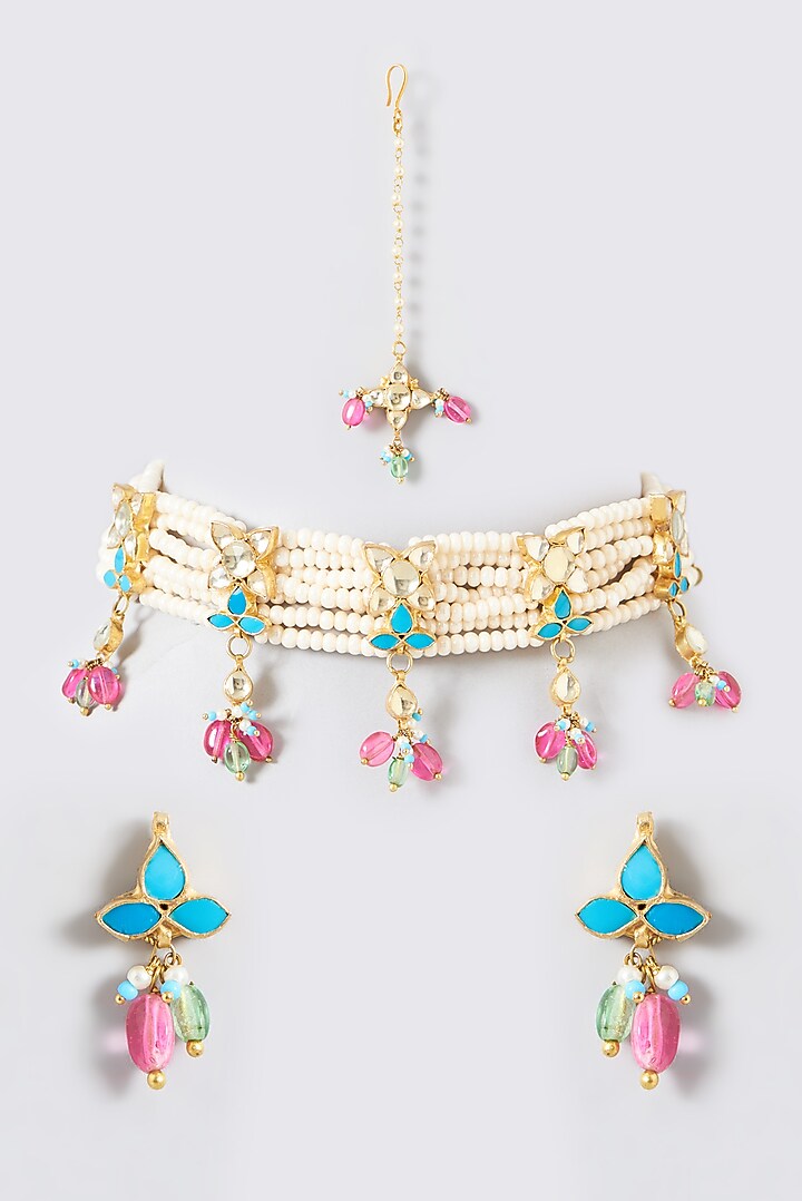Gold Finish Multi-Colored Kundan Polki Choker Necklace Set by Kreart at Pernia's Pop Up Shop