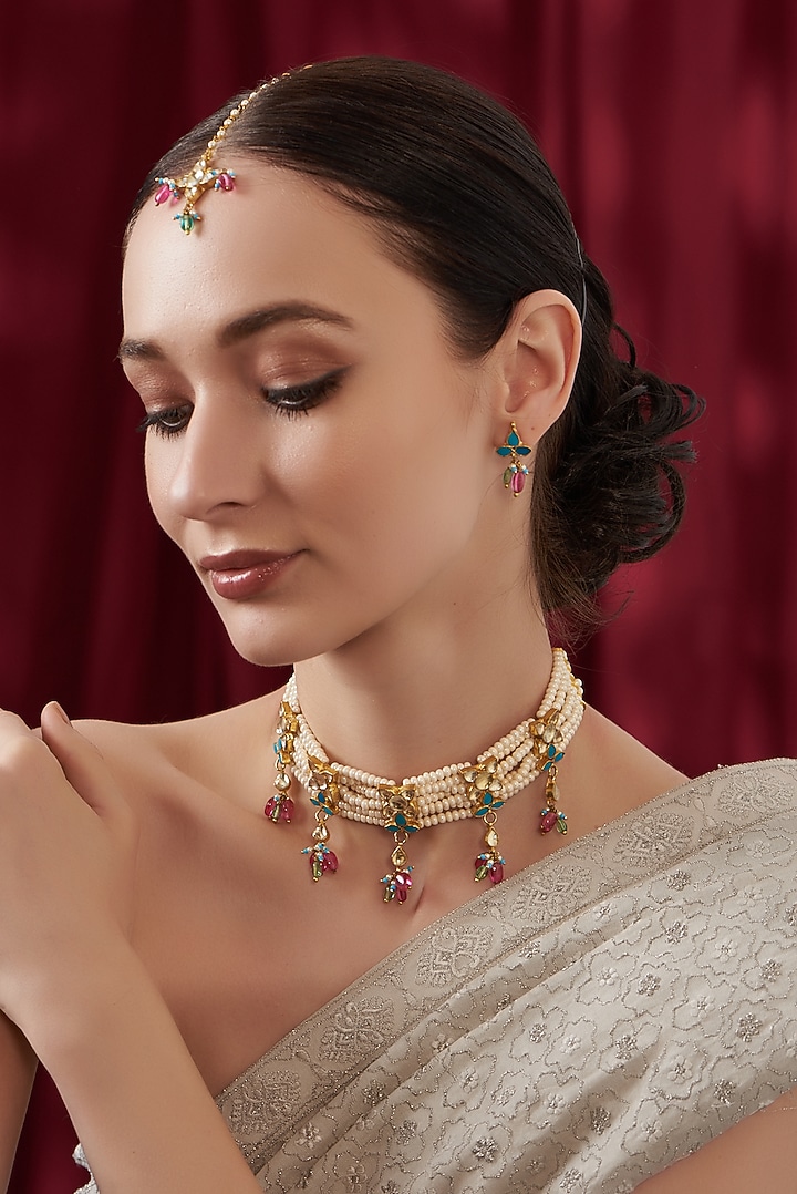 Gold Finish Multi-Colored Kundan Polki Choker Necklace Set by Kreart at Pernia's Pop Up Shop