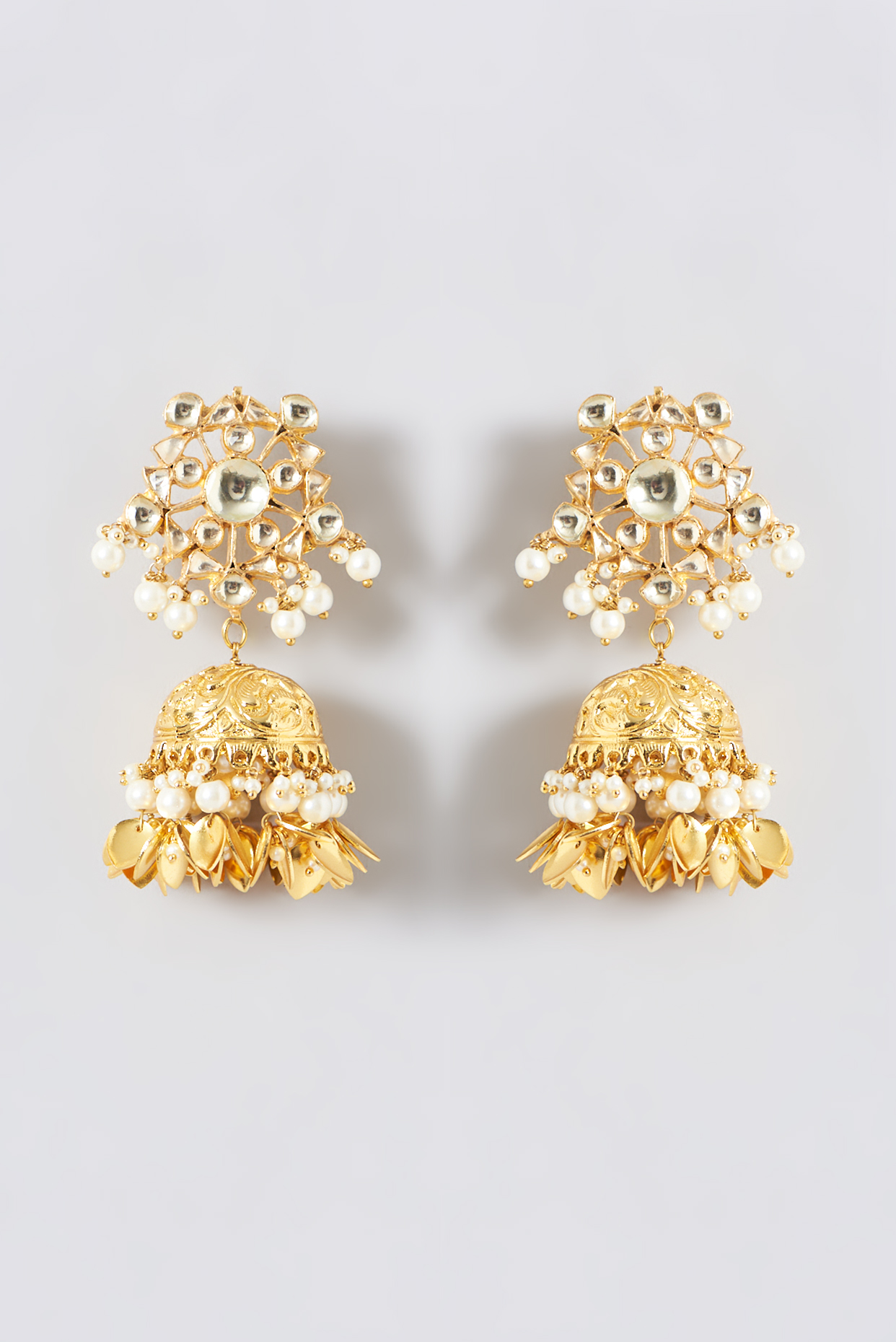 Gold Finish Kundan Polki Jhumka Earrings by Kreart