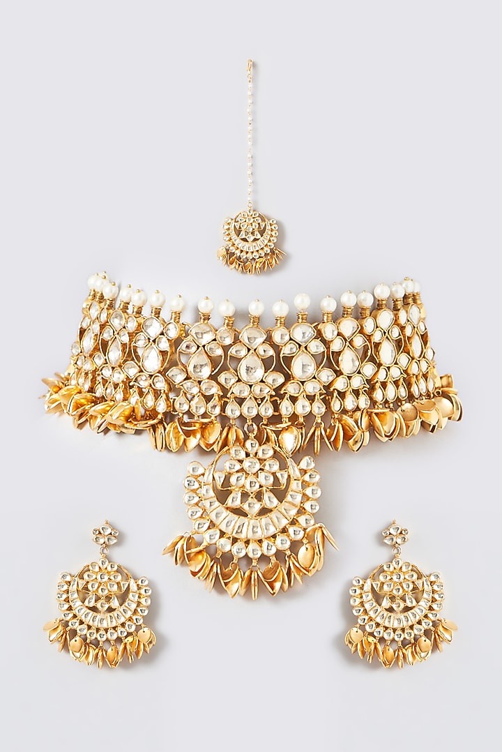 Gold Finish Kundan Polki Choker Necklace Set by Kreart at Pernia's Pop Up Shop