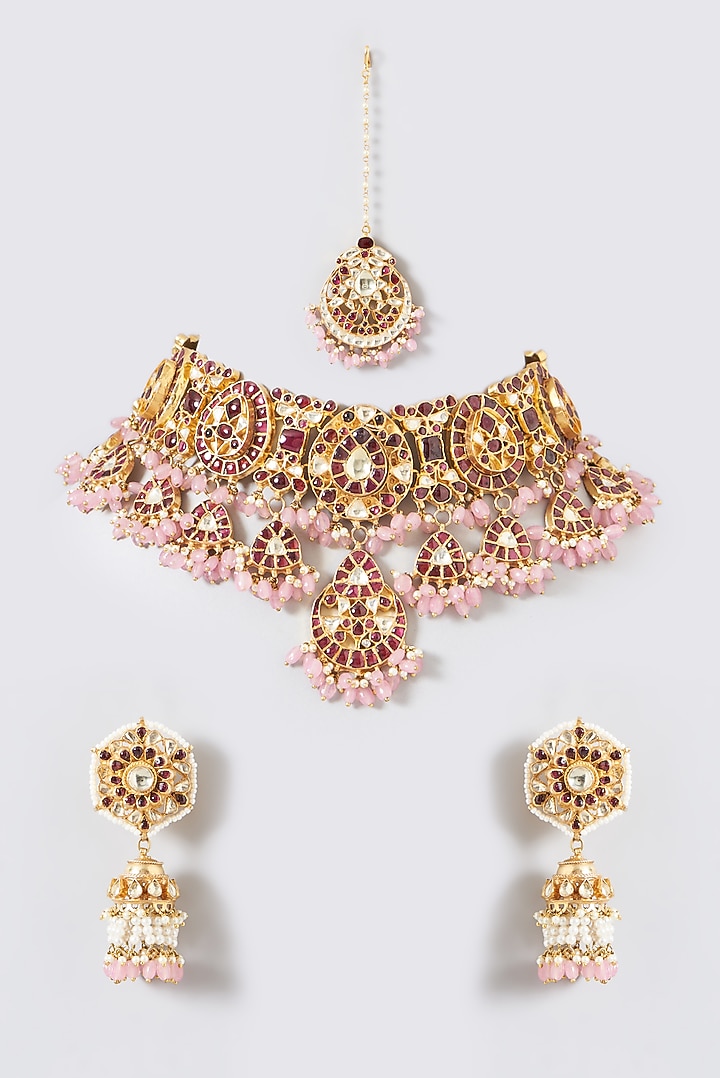 Gold Finish Kundan Polki & Ruby Stone Choker Necklace Set by Kreart at Pernia's Pop Up Shop