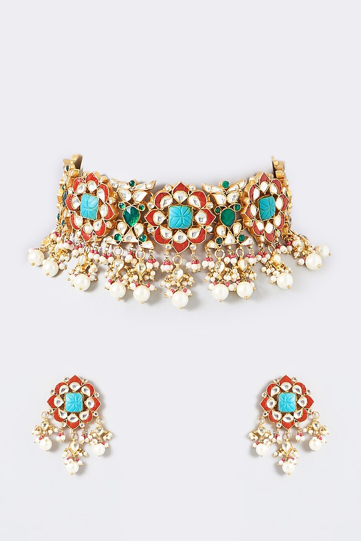 Gold Finish Multi-Colored Kundan Polki & Pearl Beaded Choker Necklace Set by Kreart at Pernia's Pop Up Shop