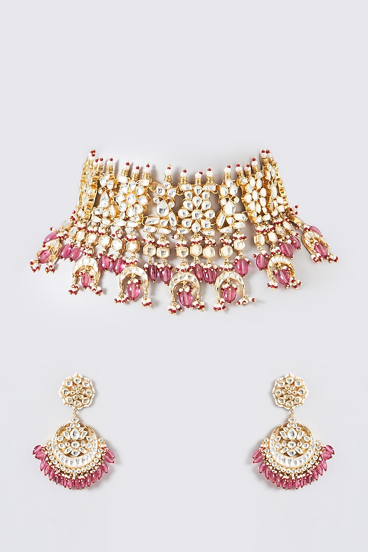 Gold Finish Kundan Polki & Pink Tourmaline Choker Necklace Set by Kreart at Pernia's Pop Up Shop