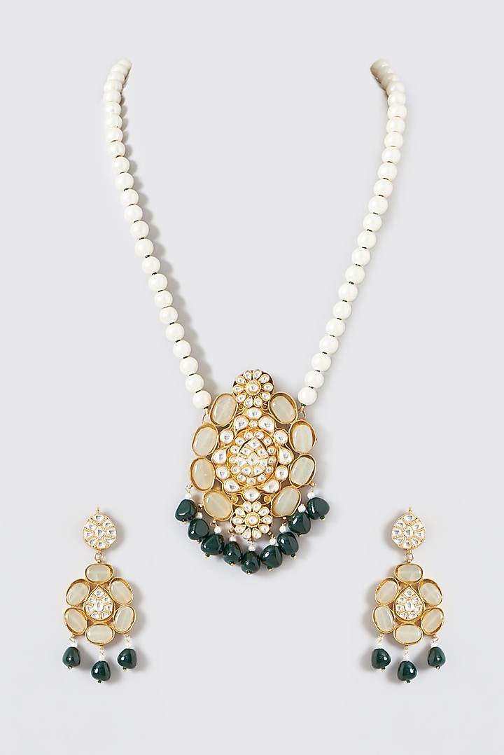 Gold Finish Kundan Polki & Pearl Pendant Necklace Set by Kreart at Pernia's Pop Up Shop