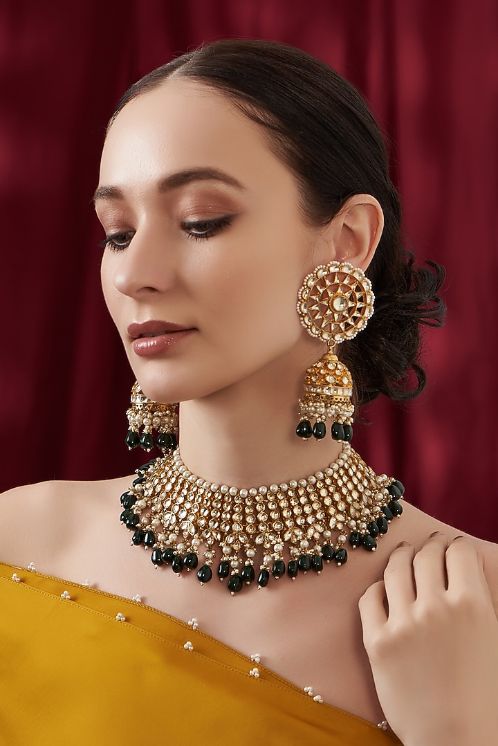 Gold Finish Kundan Polki & Green Stone Choker Necklace Set by Kreart at Pernia's Pop Up Shop