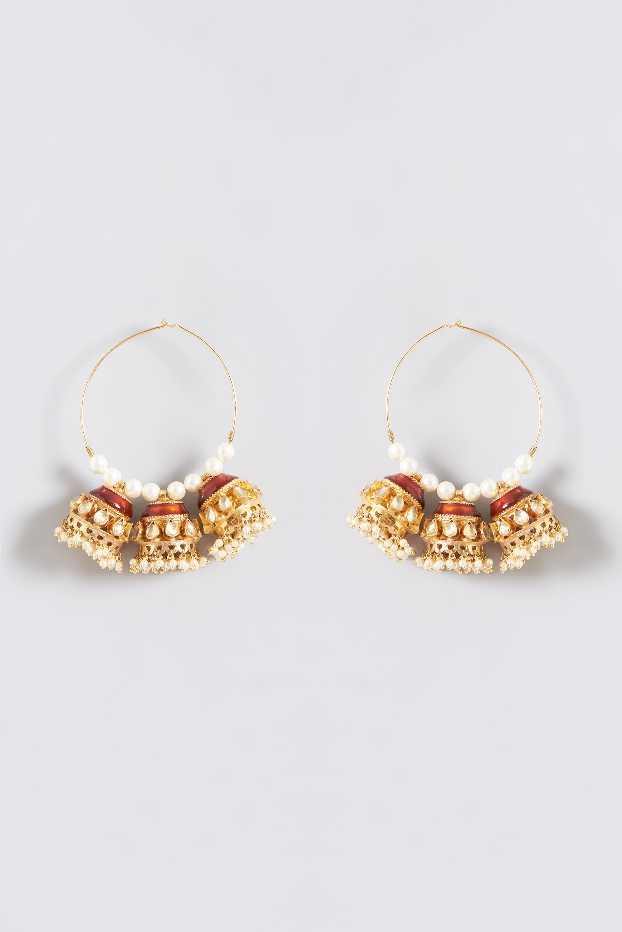 Gold Finish Kundan Polki Enamelled Hoop Earrings by Kreart