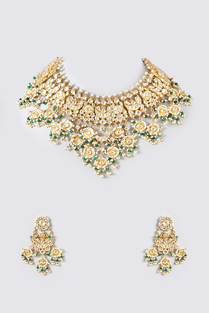 Gold Finish Kundan Polki & Green Beaded Necklace Set by Kreart at Pernia's Pop Up Shop