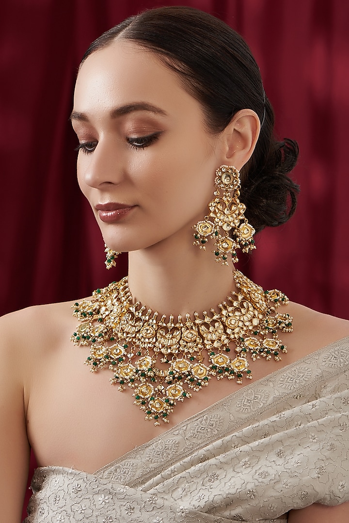 Gold Finish Kundan Polki & Green Beaded Necklace Set by Kreart